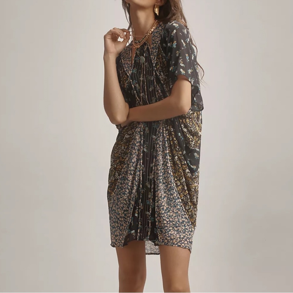 By Anthropologie Short-Sleeve Draped Tunic Mini Dress-Dainty Floral Boho-M